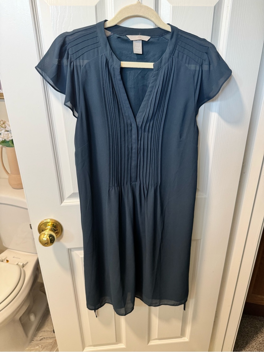 H&M Dark Blue Pintuck V-Neck Shift Dress